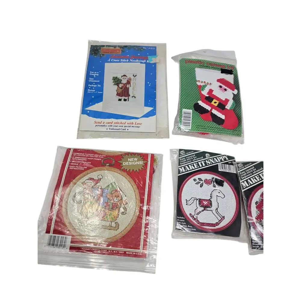 Lot of 7 Vintage 90s Cross Stitch Ornament Kits Santa Christmas Craft Farmhouse